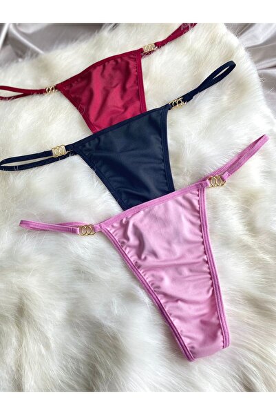 Maly Love Kadın 3lü Paket Halka Detaylı String Tanga - Bordo & Siyah & Pembe