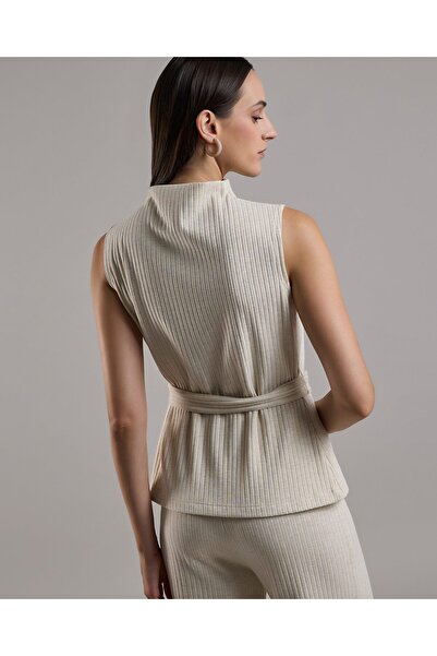 R&B Ribbed Belted Sleeveless Top with High Neck