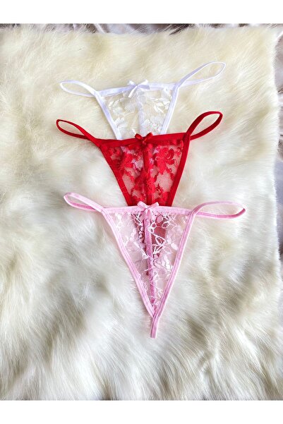 Maly Love Kadın Dantelli Transparan String Tanga İç Çamaşırı 3’lü Set - Pembe & Kırmızı & Beyaz