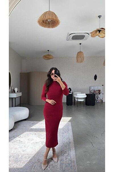 Buket Teke Bordo Balıkçı Yün Triko Elbise