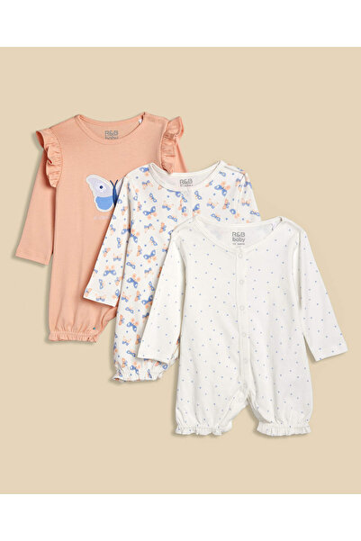 R&B 3 Pack Printed Rompers with Long Sleeves