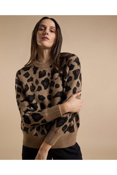 R&B Animal Patterned Sweater with Crew Neck and Long Sleeves