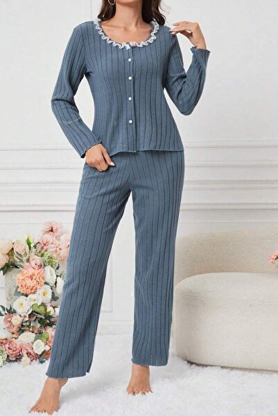 BELLA NOTTE Mavi Pamuklu Dantel Detaylı Düğmeli Pijama Takımı
