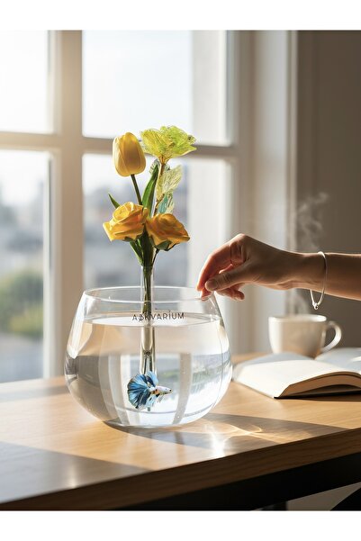 ASKVARIUM Japon Balıkları ve Beta Balıklarına Özel Hem Vazo Hem Akvaryum Fanus Sarı Lale ve Güller