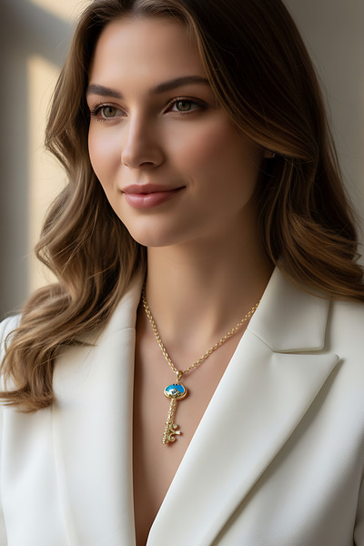 Utku Kuyumculuk 14 AYAR ZİNCİRLİ ÖZEL TASARIM FİRUZE TAŞLI ANAHTAR KOLYE