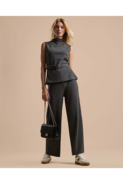 R&B Ribbed Belted Sleeveless Top with High Neck