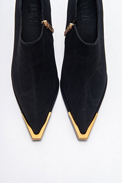 LuviShoes Sona Black Patterned Gold Detailed Zippered Women's Ankle Heeled Shoes