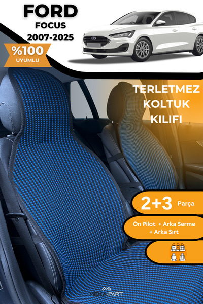 TREND غطاء حماية لمقعد السيارة مضاد للتعرق 100% قطن 5 قطع مجموعة كاملة باللون الأزرق والأسود لسيارة فورد فوكس 2 3 4 5