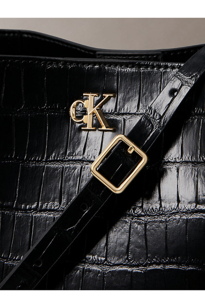 Calvin Klein Monogram Logo Hardware Chain Crocodile Print Bucket Bag