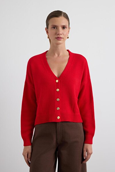 KADRİYE BAŞTÜRK Gold Buttoned Knitwear Cardigan Red