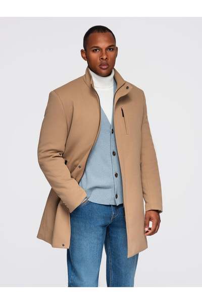 OMBRE Structured Men's Coat with High Collar - Light Brown V4 OM-COWC-0136