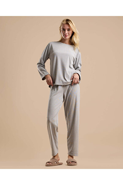 R&B Grey Women's Ribbed Long Sleeves Pyjama Set