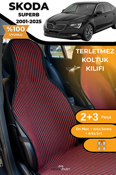 TREND غطاء حماية لمقعد السيارة مضاد للتعرق، 100% قطن، مجموعة كاملة من 5 قطع، أحمر وأسود، لسيارة سكودا سوبرب