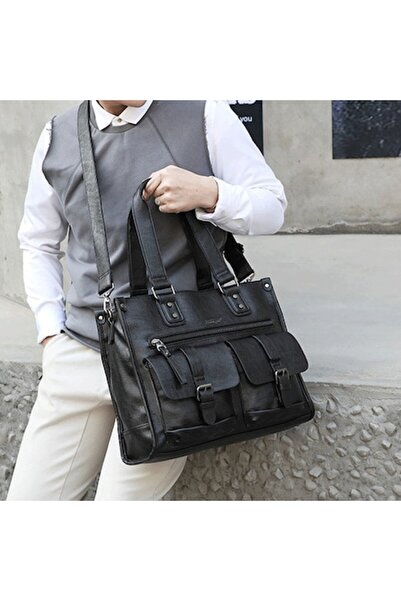 PriStyle Geantă de piele business pentru bărbați - Negru, 30 x 40 x 12 cm