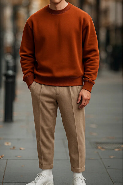 COMBİNE MİCHAİL Men's Casual Basic Cinnamon Loose Sweater