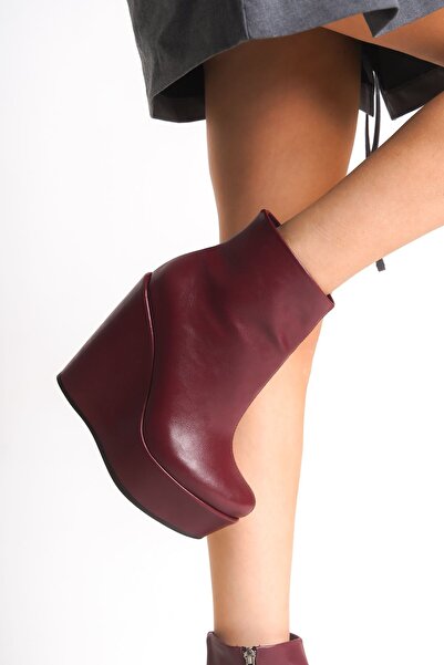 owwox club Eve; Burgundy Matte Leather, 12 cm Wedge Heeled Women's Boots