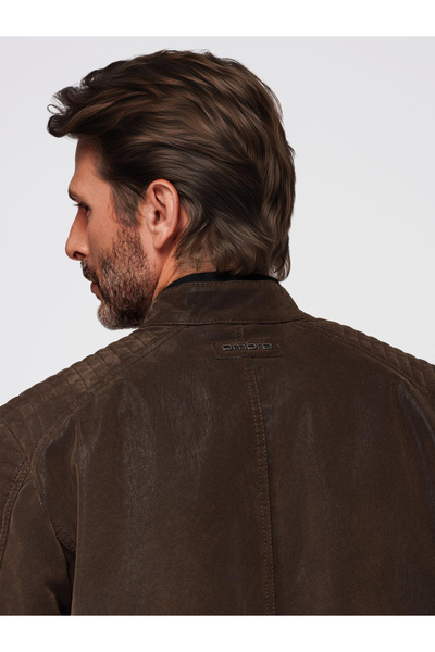 OMBRE Stylová pánská motorkářská bunda s límcem - tmavě hnědá