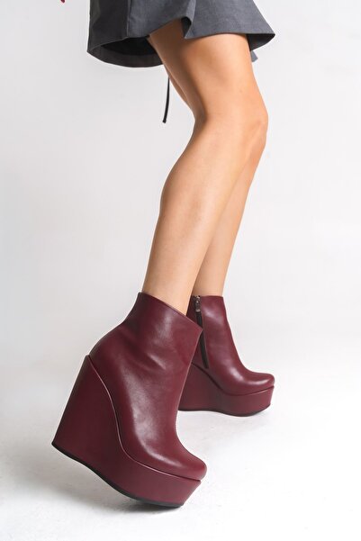 owwox club Eve; Burgundy Matte Leather, 12 cm Wedge Heeled Women's Boots