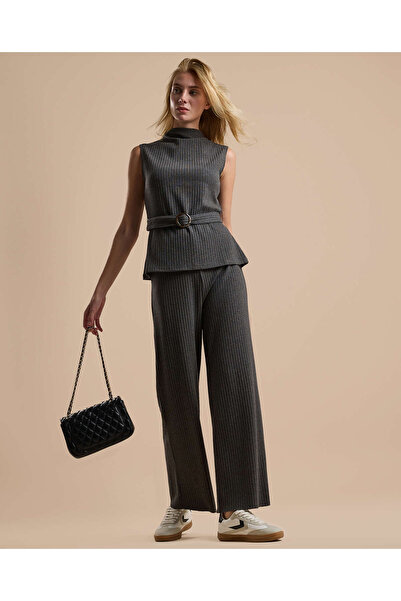 R&B Ribbed Wide Leg Pants with Elastic Waist