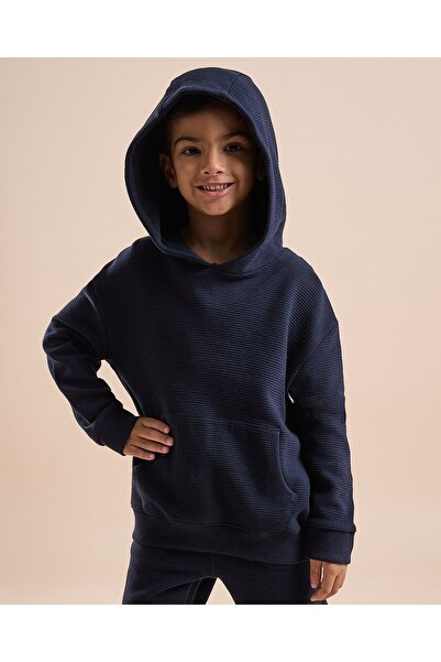 R&B هودي سادة للأولاد باللون الأزرق الداكن بأكمام طويلة