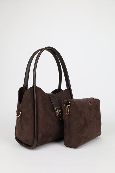 NOTHING Geantă de mână și de umăr pentru femei, din piele intoarsa maro, cu detaliu de blocare, cu trei compartimente, cu geanta de machiaj detasabila Lemina