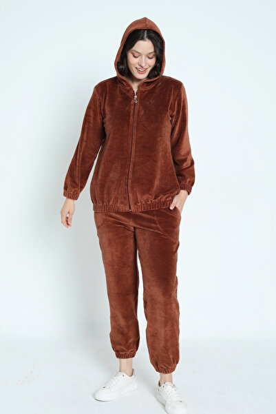 İntensive Καφέ μακρυμάνικο κοστούμι με φερμουάρ και κουκούλα από βαμβακερό βελούδο για γυναίκες