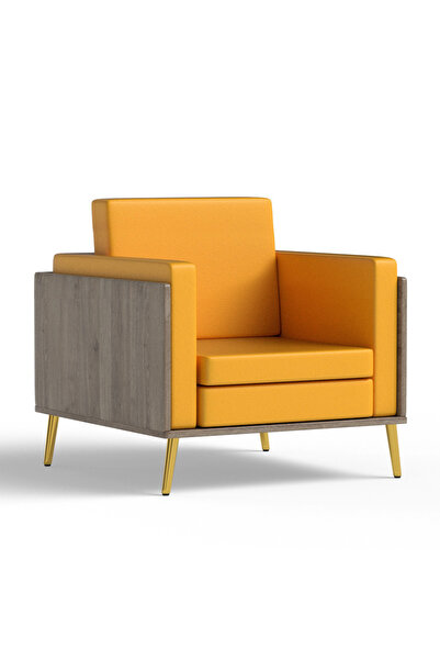 Mahmayi KD 3326 Truffle Davos Oak Wooden Single Seat Sofa with Golden Legs and Yellow PU Cushion