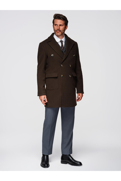 OMBRE Διπλό πέτο ανδρικό παλτό με διακοσμητικά κουμπιά - σκούρο καφέ V3 OM-COWC-0137