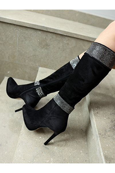 EVASAMLİSHOESBAG Kadife Taş Detaylı Çizme