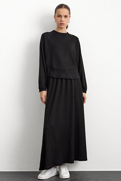 Olcay Crew Neck Knitted Sweat Skirt Set Black 9386-Tk