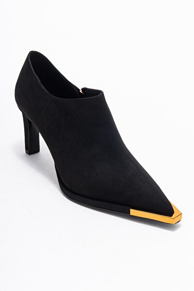 LuviShoes Sona Black Suede Gold Detailed Zippered Women's Ankle Heeled Shoes