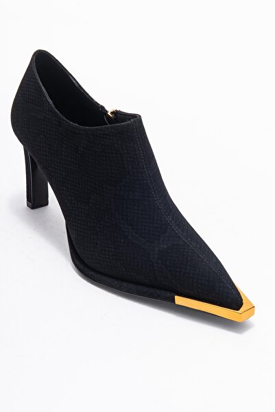 LuviShoes Sona Black Patterned Gold Detailed Zippered Women's Ankle Heeled Shoes