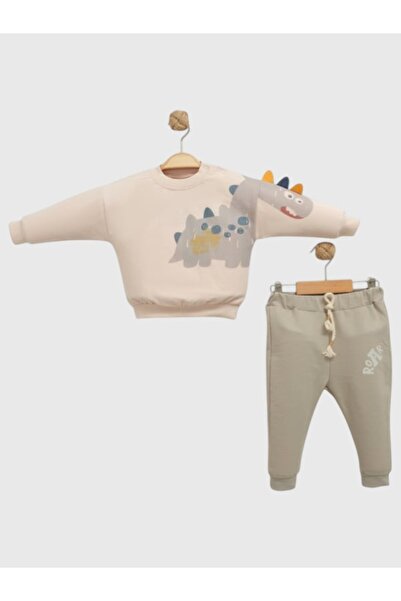 damdamin 100% Cotton Baby Boy Dinosaur Figure Patterned Top and Bottom Set with Snap Buttons at the Neck and Elastic Waist