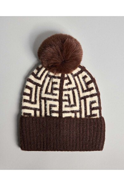 R&B قبعة نسائية بنية اللون منقوشة مع بوم بوم