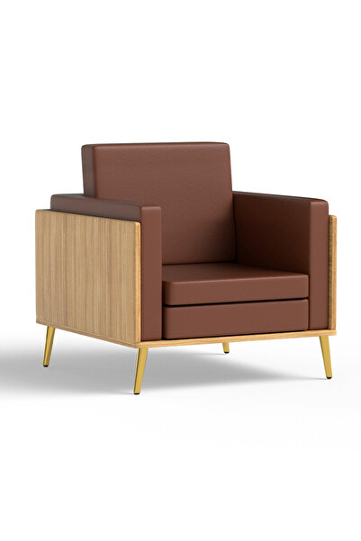 Mahmayi أريكة كوكو بولو الخشبية ذات المقعد الواحد KD 3326 بأرجل ذهبية ووسادة من البولي يوريثان باللون البني للمكتب