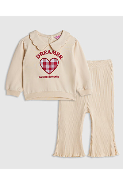 R&B Beige Girl Appliqued Sweatsuit Set