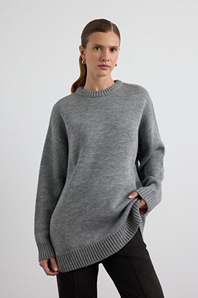 KADRİYE BAŞTÜRK Crew Neck Basic Knitwear Sweater Anthracite