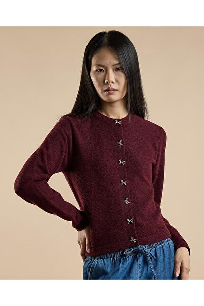 R&B Burgundy Women's Bow Button Detail Cardigan