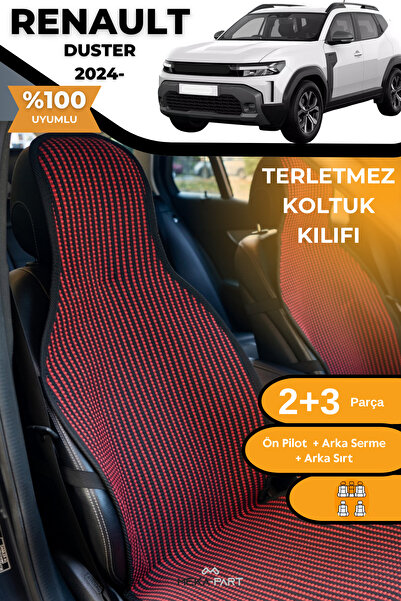 TREND Terletmez Oto Koltuk Koruyucu Kılıf %100 Pamuk 5 li Tam Set Kırmızı Siyah Renault Duster
