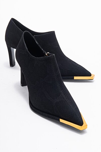 LuviShoes Sona Black Patterned Gold Detailed Zippered Women's Ankle Heeled Shoes