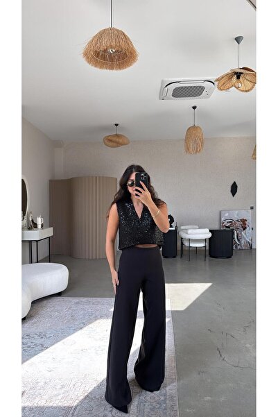 Buket Teke Pantaloni Palazzo negri cu fermoar ascuns, fără curea