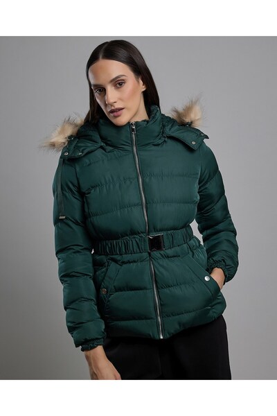R&B Quilted Hooded Puffer Jacket with Zipper Closure