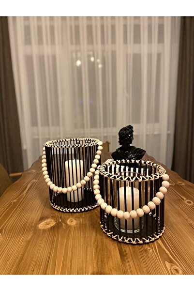 bhava lara Siyah Bambu Fener Ahşap Boncuklu Mumluk – El Yapımı Modern Ev Deko...