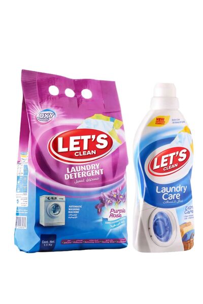 Let's Clean مسحوق غسيل أوتوماتيك برائحة الورد الأرجواني 1.5 كجم ومنظف سائل لل...