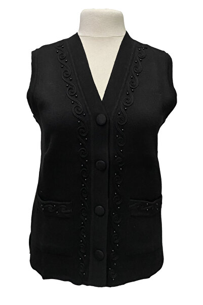 Giyinen Mağazaları Black Emel Front Buttoned Double Pocket Winter Knitted Vest
