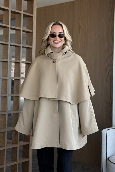 Laluvia Camel Yakası Deri Detaylı Pelerin Trençkot