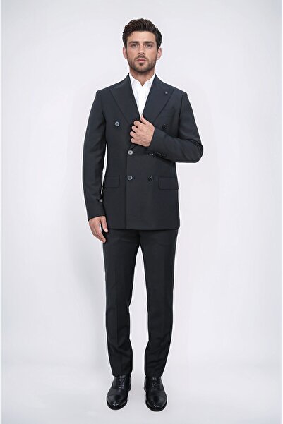 Velvarde Slim Fit Pointed Collar Double-Breasted Black Suit