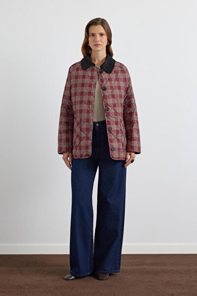 KADRİYE BAŞTÜRK Patterned Velvet Collar Quilted Jacket Coat Burgundy