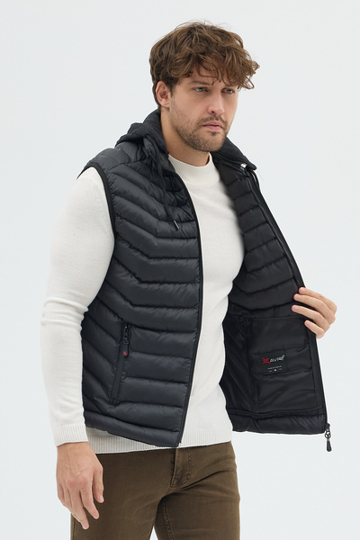 X-AVIR Erkek Siyah Çıkarılabilir Kapüşonlu Şişme Yelek-Yeni Sezon