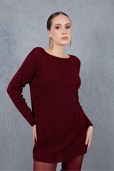 Clothes Fast Women's Burgundy Raglan Sleeve Boat Neck Glittery Knit Sweater